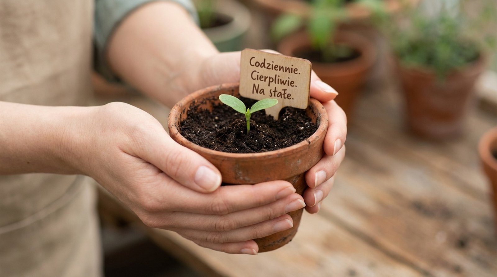 Osoba trzyma małą roślinkę w doniczce, symbolizującą rozwijanie zdrowego nawyku przez regularną pielęgnację.
