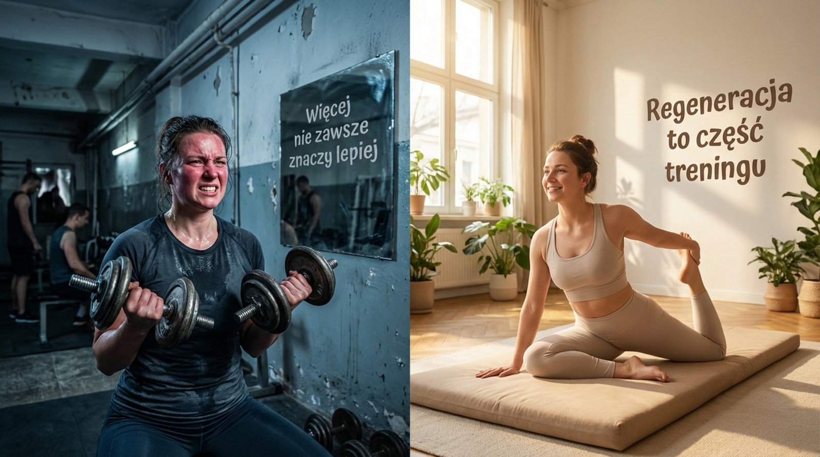 Ilustracja pokazująca kontrast między wyczerpaną osobą podnoszącą ciężary a zrelaksowaną osobą rozciągającą się dla symbolizacji zdrowego podejścia do treningu.
