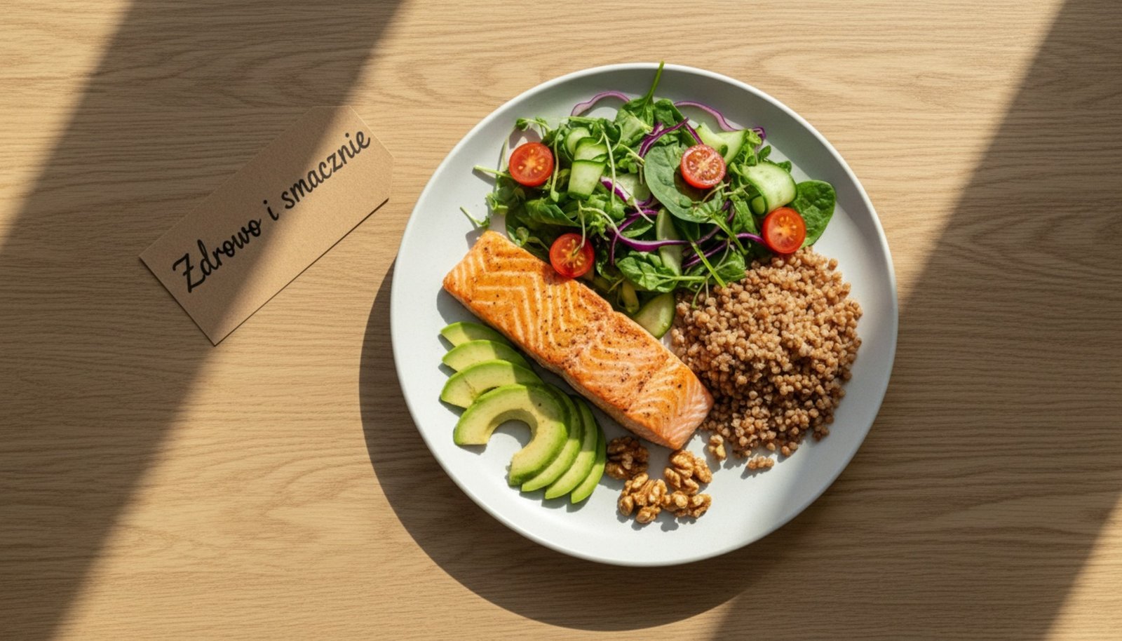Zdrowy, zbilansowany posiłek na drewnianym stole, obejmujący grillowanego łososia kaszę gryczaną awokado orzechy włoskie i kolorową sałatkę.